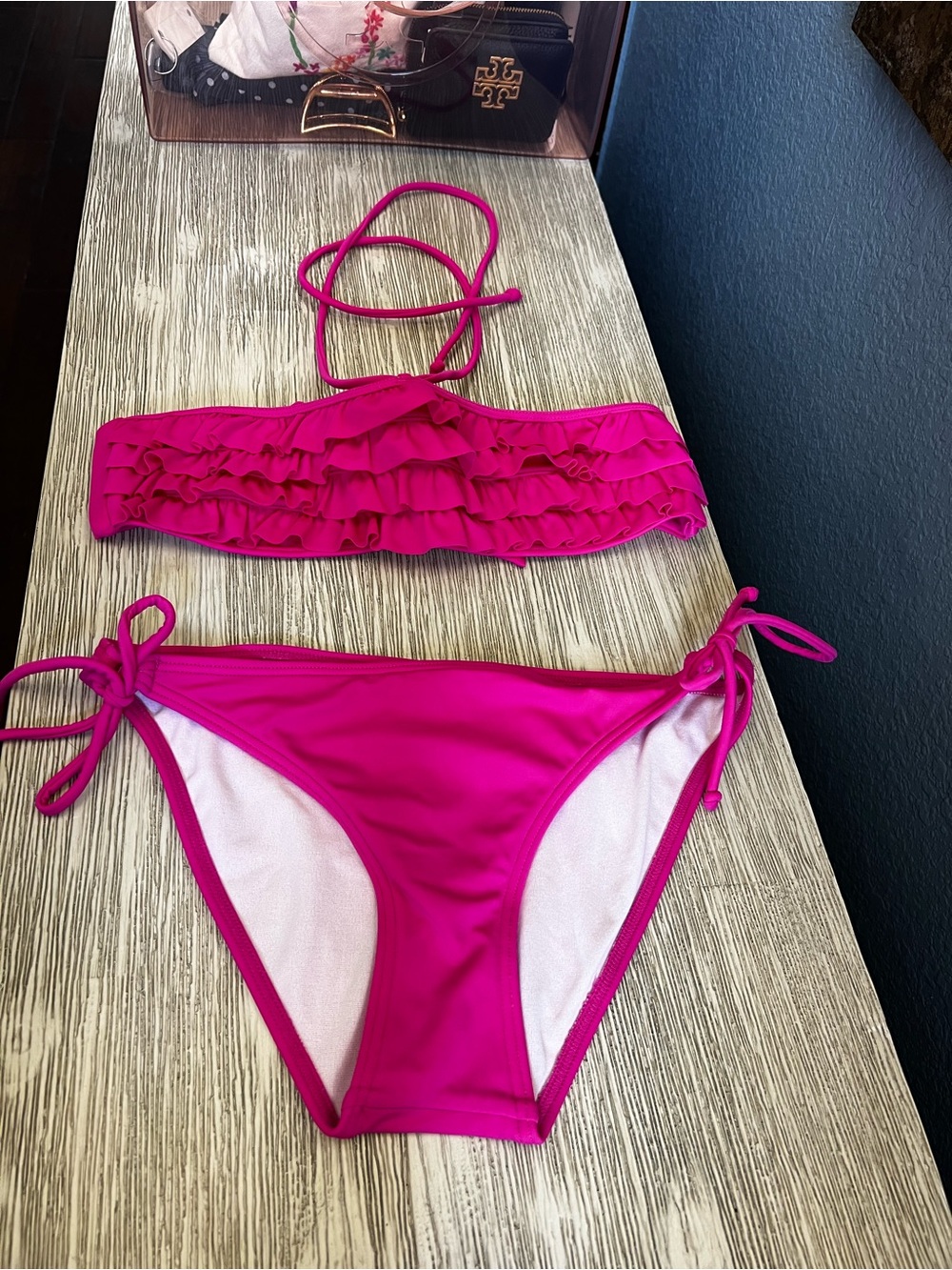 Roxy Pink Ruffled Bandeau Bikini Set